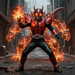 character portrait of a demonic kamen rider monster with a demon helmet and fire eyes doing a henshin pose standing in a city street, wielding fire, monster made out of fire in the background, matte painting, dramatic lighting, 8 k, rubber suit, digital painting, concept art, muted colors, red colors, moody colors, broken pipes, in the style of frank frazetta