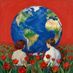 two people in a field of red flowers and the world crushing around them, red sky, surreal, vivid colors, painting by Alexander Mandradjiev, part by Yoji Shinkawa, part by Norman Rockwell