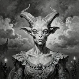 By Tom Bagshaw, ultra realist soft painting portrait of curiosities carnival by night, very beautiful horned single zynoid fully dressed fading, symmetry accurate features, very intricate details, ominous sky, black and white, volumetric light clouds