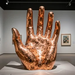 copper and ceramic hand shaped generative design structure in a museum, modern art installation, bioceramic reflelctive material
