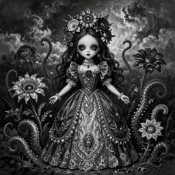 By Tom Bagshaw, ultra realist soft painting of a curiosities carnival spikes flowers and tentacles by night, beautiful dark eyed evil porcelain doll in full long dress, symmetry accurate features, very intricate details, omnious sky, black and white, volumetric light clouds