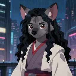 character portrait of a cute beautiful attractive female anthro hyena fursona with long black curly hair wearing jedi robes in a cyberpunk city at night while it rains. hidari, color page, tankoban, 4K, tone mapping, Akihiko Yoshida.