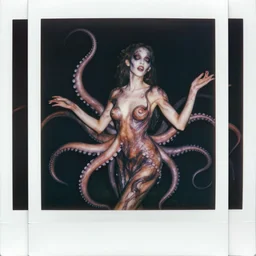 the beautiful female creature with tentacles all over her soul rpping it from her body, wispy horrors, acid colors, polaroid pic by realistic horrors