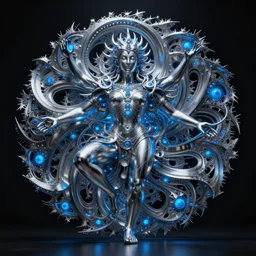 symmetrical cyber fractal deity made out brushed steel and glowing blue lights