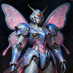 a baroque neoclassicist renaissance portrait of a blue and pink iridescent whimsical 1 8 0 0 s japanese mecha gundam butterfly witch. reflective detailed textures. glowing eyes, dark background. highly detailed fantasy science fiction painting by moebius, norman rockwell, frank frazetta, and syd mead. rich colors, high contrast. artstation