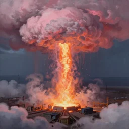 molten iron raining down from pinkish clouds high up the atmosphere, aerial view, realist painting
