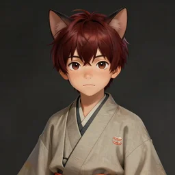 portrait of a cat boy wearing a japanese traditional outfit, mid - short hairs, dark brown redhead, some freckles, 1 9 years old, fantasy character, original composition, high quality, in the style of a digital art