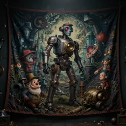 tapestries of dreams, ultra detailed, dark, atmospheric lighting, dramatic, cinematic, steampunk, moody, characters from machinarium, by don bluth, trending on artstation, 8 k, hd, octane render