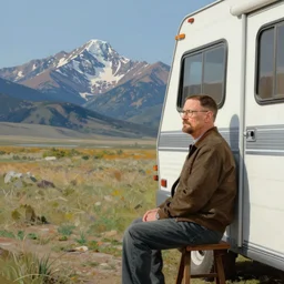 a bob ross painting of walter white sitting next to an rv looking at the mountains