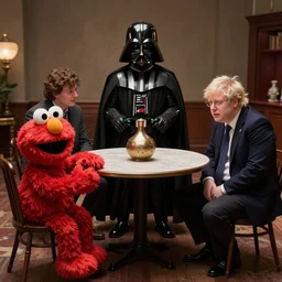 A small round table. On the table is a bong, and sat around the table are elmo, darth vader, boris johnson and walter white