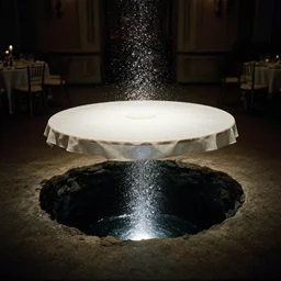 sinkhole in round wedding table with magical glitter floating out of it in a dark empty ballroom - flash image, shot on a 2000's camera