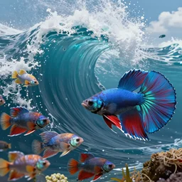 beta fishes waiting a big wave catch them, hyperdetailed, artstation, cgsociety, 8k