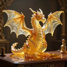 a dragon made of honey, sitting on a sorcerer’s desk. the dragon is transparent. you can see light shining through the wings. honey is dripping everywhere. sigma 85mm f11, rim light, studio lighting, 8k