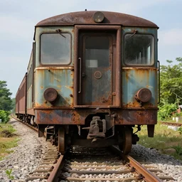 a photo of old and rusty railway car smeared with oil standing on rails, a beautiful view nature, 8 k, highly detailed, vogue magazine photo