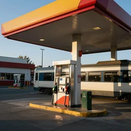 a gas station, with a train stopping for gas