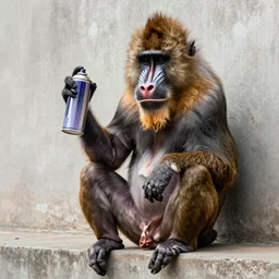 a mandrill baboon, holding a spray can, sitting on a wall, in the style of kim jung gi