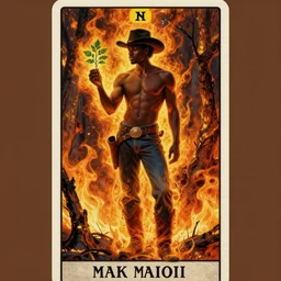 a dramatic fiery ethereal epic painting of a handsome! black cowboy offering a small plant | he is shirtless and wearing a hat and boots | background is a fiery! burnt burning forest | tarot card, art deco, art nouveau, homoerotic | by Mark Maggiori and Alphonse Mucha | trending on artstation