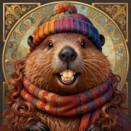 symmetry!! portrait of smiling beaver big teeth! wearing a colorful beanie!, scarf!, long curly hair intricate, elegant, highly detailed, digital painting, artstation, concept art, smooth, sharp focus, illustration, art by artgerm and greg rutkowski and alphonse mucha, 8 k