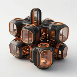 inner - city generative design innovative survival pods buildings, biomechanical design, black and orange colour palette, generative design structure