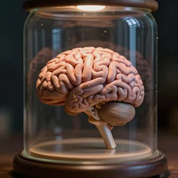 tilt shift photography, extreme dof, miniature brain in a jar, model