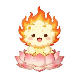 fluffy exploding popcorn elemental spirit, in the style of a manga character, with a smiling face and flames for hair, sitting on a lotus flower, white background, simple, clean composition, symmetrical