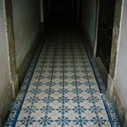 a photograph of a dark interior and a coridor with portugese tile on the floor, shot on film, 3 5 mm, cinematic