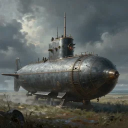 a beautiful and extremely detailed painting of a gothic submarine in a great steppe, trending on artstation by craig mullins matte painting, dynamic lighting, ultrarealistic, cinematic, octane render, unreal engine, 8 k