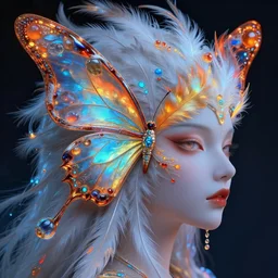 3 d goddess butterfly face profile portrait, face profile in the center, beautiful intricate highly detailed kitsune feathers. bioluminescent, blue liquid, orange liquid, yellow liquid, red liquid, artwork by tooth wu and wlop and beeple and greg rutkowski, 8 k trending on artstation, volumetric lighting