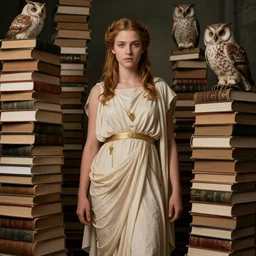 a teenage diane lane as the goddess minerva surrounded by stacks of books, owls, esoteric symbols, in the style of dariusz zawadzki, 8 k, hyperdetailed