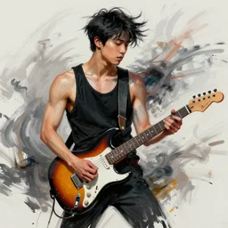 a young korean male musician wearing black tank top holding a telecaster!!! electric guitar!! he is made of thick flowing dramatic brush strokes blowing away in strong wind, matte colors, abstract, impressionist, motion, trending on artstation