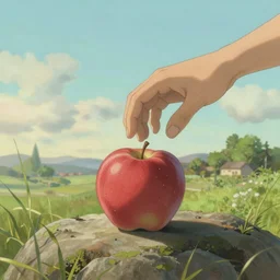 the hand is reaching for the apple, painting by Craig Mullins, octane rendering, soft morning lighting, wide angle lens, in the style of Hayao Miyazaki, trending on artstation,
