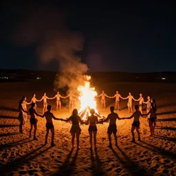 stunning night photograph of ravers in the desert around a fire circle, hugging anatomically correct