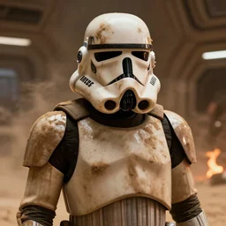 star wars film still, closeup portrait of a dirty sandtrooper in a desert spaceport, dust, scum and villainy, rim light, embers, hyper detailed, smooth, high contrast, volumetric lighting, george lucas, ralph mcquarrie, doug chiang, ryan church