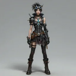 a cybergoth woman wearing goggles and eccentric jewelry by jamie hewlett :: full body character concept art, detailed, intricate, highly detailed illustration