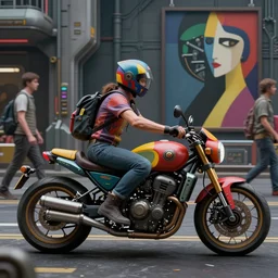 a matte painting of a colorful motorcycle scene from the future, pedestrians, cyber - steampunk, highly detailed, in the style of greg rutkowski and remedios varo and john chamberlain, dark moody lighting, hyper photorealism, trending on artstation, 8 k