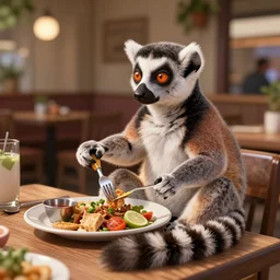 ring - tailed lemur having lunch in a restaurant by greg rutkowski and thomas kinkade, trending on artstation, 3 d render octane