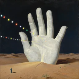 painting by dean cornwell, ilya repin, nc wyeth painting, ultra wide, vanishing point, 3 d perspective, the giant!!!!!!!!!!!!!! hand!!!!!!!!!!! of the desert!!!!!!!!!!, white machinery, midnight, colorful lightbulb festoon lights