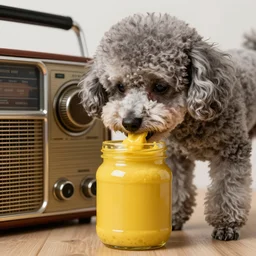 a closeup photorealistic photograph of a poodle eating from a jar of mustard that is sitting next to an old radio. prius is in the background. professional capture. brightly lit scene. this 4 k hd image is trending on artstation, featured on behance, well - rendered, extra crisp, features intricate detail, epic composition and the style of unreal engine.