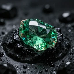 raw green gemstone in black slime, shiny, photography, photorealism, digital art