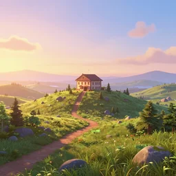 a serene landscape with a singular building at sunrise, pixar style, octane render, unreal engine 5, path traced, highly detailed, high quality, 8 k, cartoon, high coherence, breathtaking landscape, soft lighting, godrays, complementary colors, natural lighting, trending on deviantart, concept art