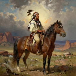 a full length painting of a rugged looking American native Apache warrior with an eagle feather in his braided head-ban sitting on his horse overlooking a rugged New Mexico background, in the style of Albert Bierstadt, insanely detailed, extremely moody lighting, glowing light and shadow, atmospheric