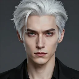 portrait of 4 0 - year - old man with white hair with a pale complexion, pointed face and grey eyes, clear smooth face, no beard, wearing black clothes, haughty facial expression, hyper realistic face, beautiful eyes, character art, art by artgerm lau and wlop and and ilya kuvshinov and john singer sargent, hyperdetailed, cryengine, trending on artstation, digital art