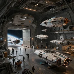 an extremely detailed masterpiece epic color scene of the inside of a cavernous spaceship cargo bay with various types of parked spacecraft with pilots an opened hanger door space scene in background, in the style of frank paul lehr and lebbeus woods, intricate, elegant, highly detailed, digital painting, artstation, cinematic lighting, extremely moody lighting, glowing light and shadow, 4 k