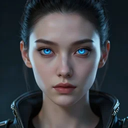 cyberpunk full shot, detailed face, very detailed, cgsociety, artstation, female, clean, symmetry, blue eyes, nice clothing, intricate, impossible beauty, golden ratio, eye implant bionic, ponytail, staring in the void, art by krenz cushart and artem demura and alphonse mucha