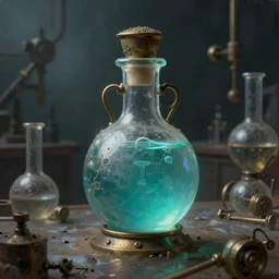a painting of a steampunk aquamarine colored potion bottle in a dark dusty vintage science lab, by h. r. giger, hyperrealistic fantasy art, concept matte, ethereal, dreamy, digital art, trending on artstation, volumetric cinematic lighting