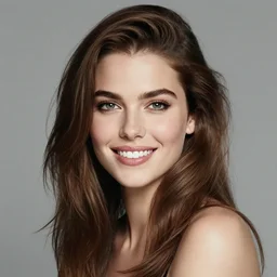 Fine art portrait of the most beautiful woman, she is posing while maintain a sweet eye contact to the camera, she has perfect white teeths, Annie Leibovitz photorealistic, matte painting