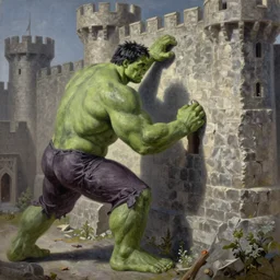 the hulk rebuilding a castle wall, oil on canvas, intricate, full scene, 8 k highly professionally detailed, hdr, cgsociety