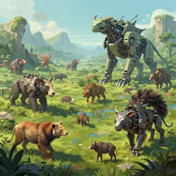 Highly Detailed digital illustration about the beauty of nature in a postcyberpunk world where all animals have been replaced by mechanical beasts. Trending on Artstation