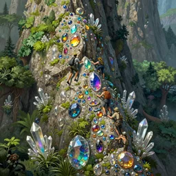 adventurers climbing a rocky mountain made of rainbow gemstones and crystal and glass, refraction and reflection, iridescent, verdant and lush and overgrown, fantasy, intricate, elegant, highly detailed, digital painting, artstation, concept art, matte, sharp focus, illustration, hearthstone, art by artgerm and greg rutkowski and alphonse mucha