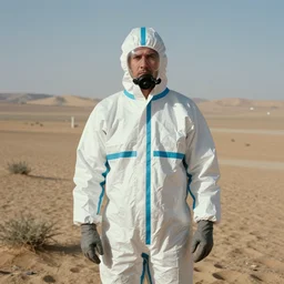 a man wearing a hazmat suit, in the desert, film still, panavision panaflex